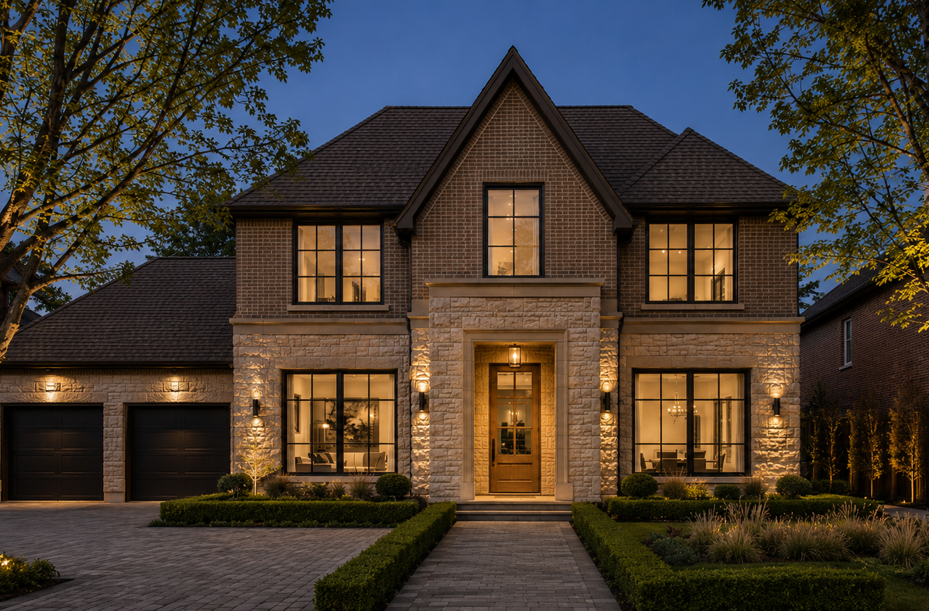 A modern West GTA home at golden hour, framed by mature maple trees